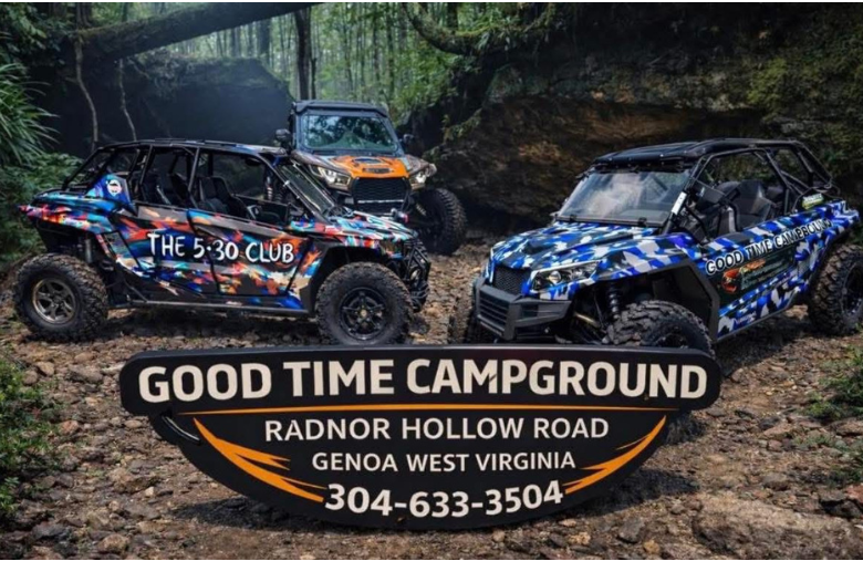 UTVs parked at Good Time Campground on Radnor Hollow Road